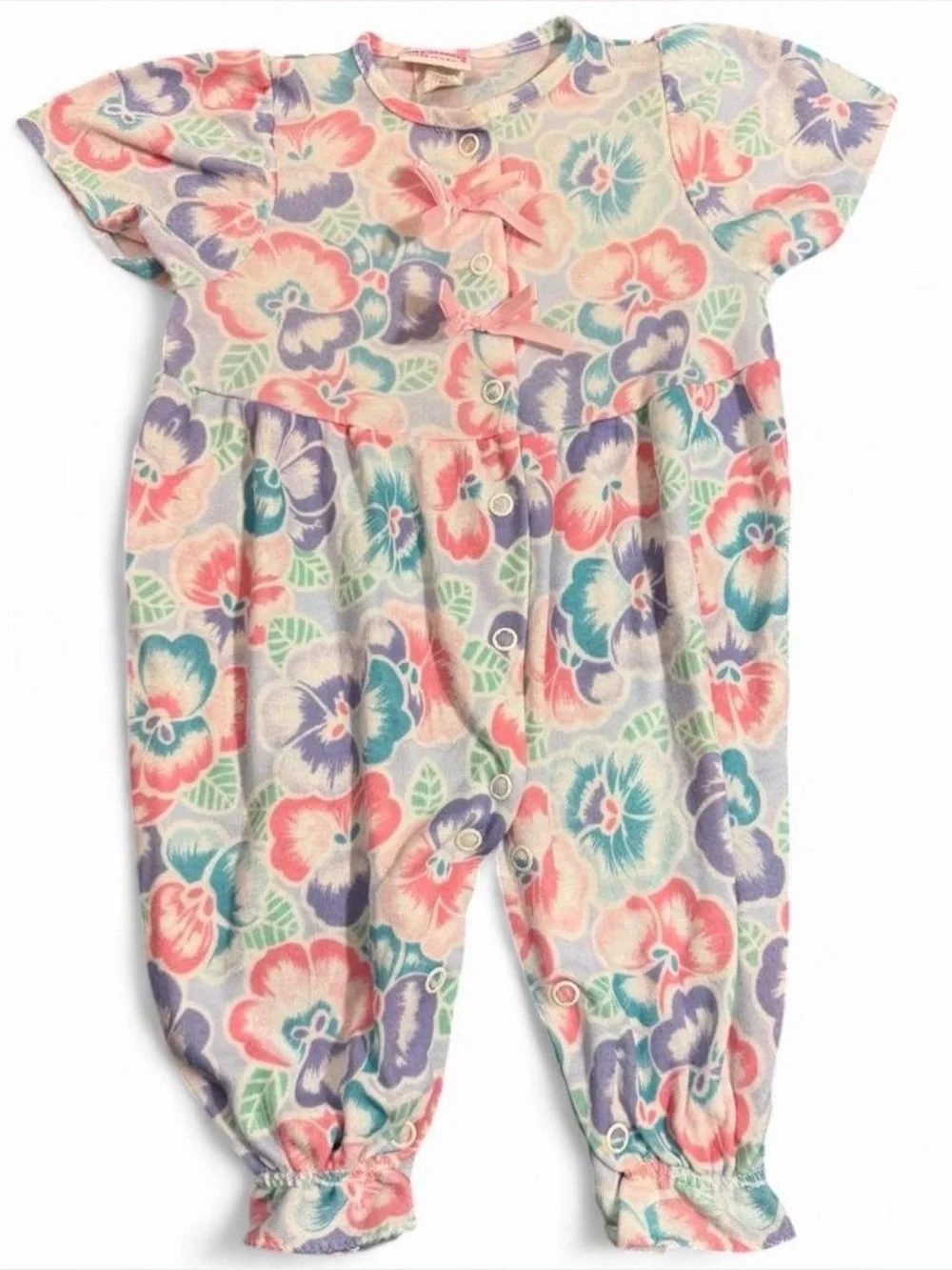 Vintage 90s Carter's Made in USA Floral Baby Romper 12–17 lbs Pink Blue Bow